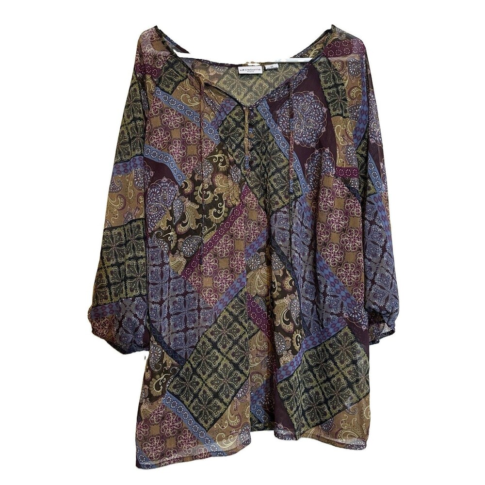 Liz Claiborne Womens Blouse 2XL Sheer Paisley 3/4 Sleeve